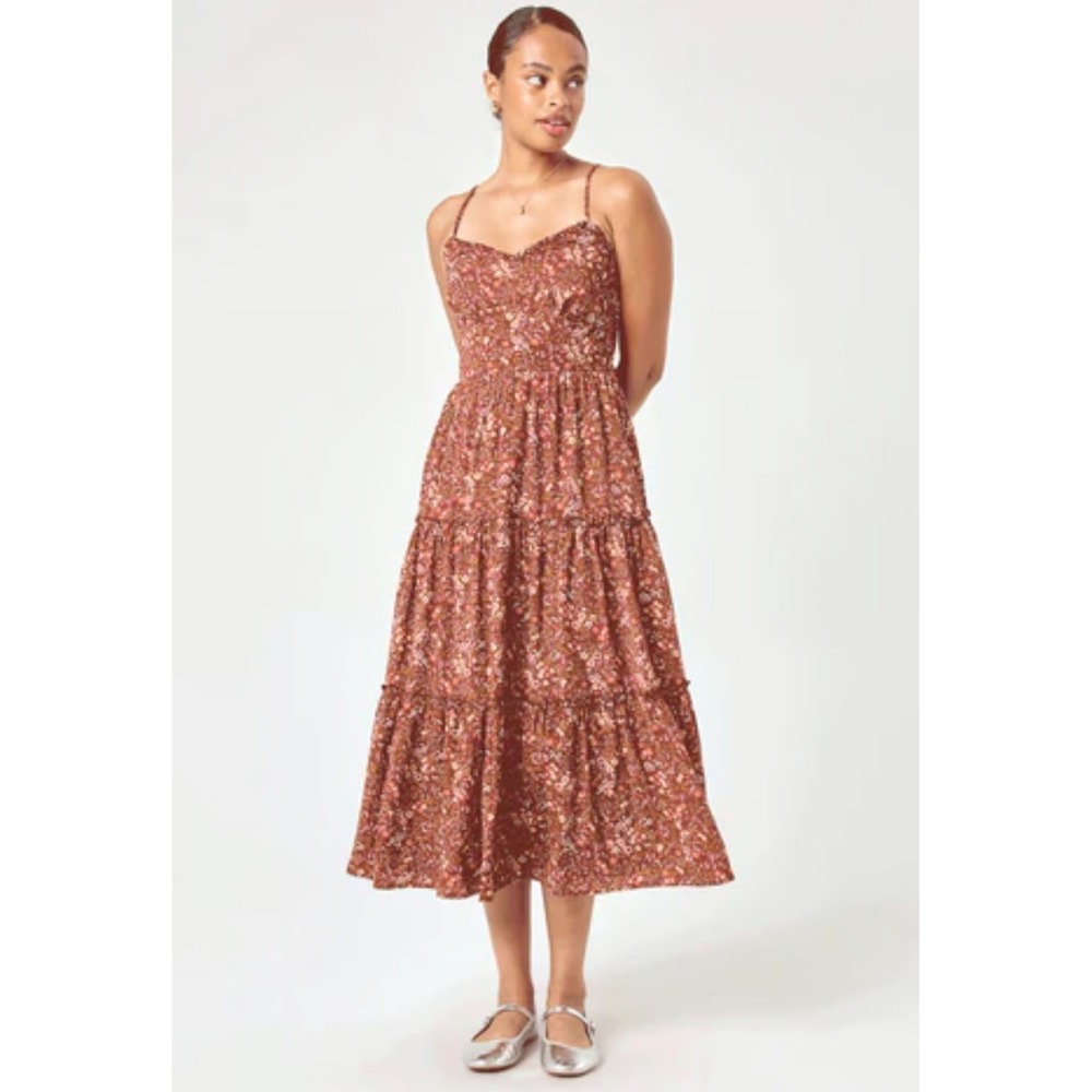 Trixxi Women Forest Fairy Maxi Dress Large Brown Floral Babydoll Cottagecore Boh